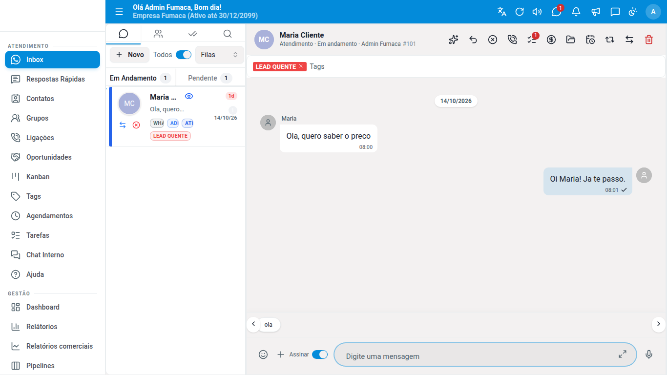 Inbox do Dialogix com a lista de atendimentos e uma conversa aberta.