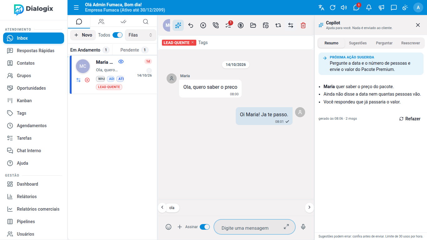 Conversa no Inbox do Dialogix com o Copilot sugerindo a próxima ação ao atendente.